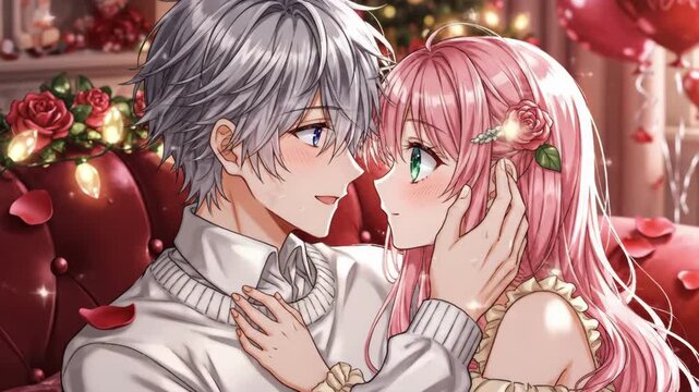 Romantic Anime Couple On Plush Sofa, Asian SilverHaired Pianist Tenderly Serenades PinkHaired Lover Amid Rose Petals, Heart Balloons, Candlelight And Soft Sweater Embrace Warm Glow, Delicate Blush.