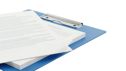 Blue Clipboard with Stack of Papers and Silver Clip