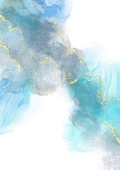 Blue Watercolor Abstract with Gold Accents