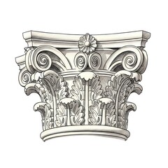 An antique style drawing of an ornate Corinthian column capital featuring detailed acanthus leaves and swirling scrolls against a white background.