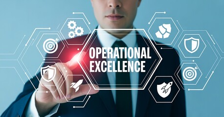Businessman touching screen with operational excellence icons and text image