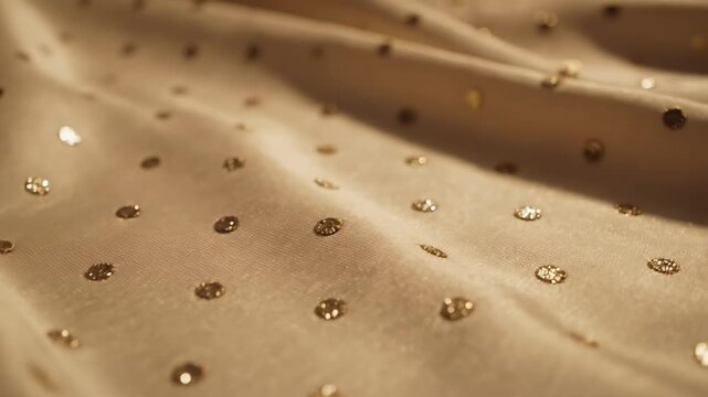 Close up of sparkling fabric with golden sequins in soft focus