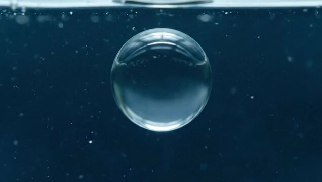 Close up of two clear bubbles merging underwater with small particles floating around.