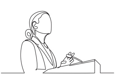 One line drawing of a businesswoman speaking into a microphone. Minimalist vector illustration of a public speaker or presenter giving a talk. Professional business presentation concept.