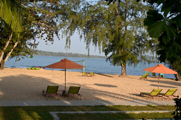 enjoying the beach at a small resort on Koh Russey off the coast of Cambodia - nice landscaping mixed in the serene nature 