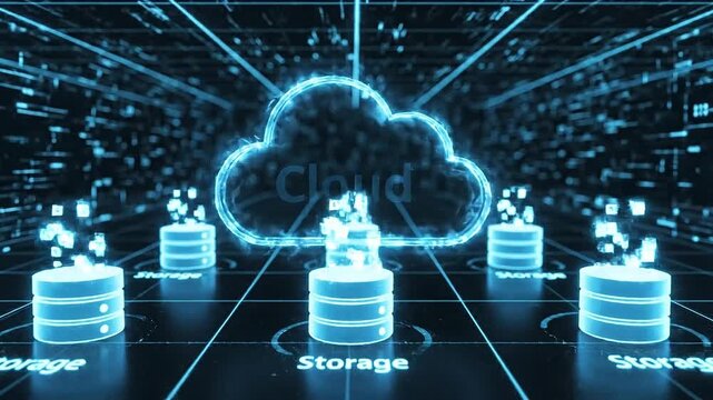 Cloud Data Synchronization and Digital Storage Futuristic Network Technology with Glowing Blue Cloud, Server, Connectivity, and Information Transfer for Secure Virtual Data Storage and Innovation