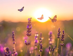 A serene sunset scene with butterflies flying over a field of lavender