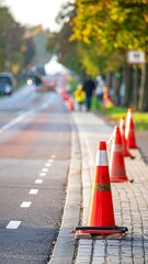 A row of traffic cones on a sidewalk beside a road