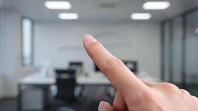 A finger touches a glass partition in a bright, modern office interior, maybe writing.