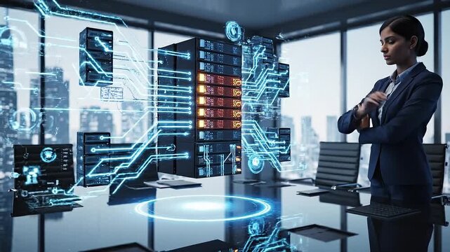 Businesswoman server data synchronization and cloud computing with digital interface futuristic office, technology innovation and network connectivity, modern workspace hologram professional advanced