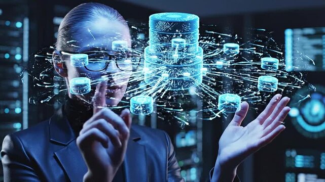 Cloud Data Synchronization and Digital Network Technology for Businesswoman Management Virtual Server Connectivity, Futuristic Innovation, Secure Storage, and Modern Interface Solutions