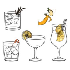 Line art of five cocktail glasses, some filled, with fruit and herb garnishes, on white background