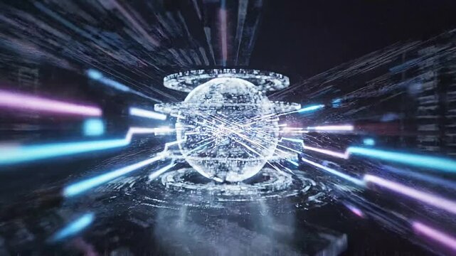 Futuristic data synchronization digital sphere with glowing lines, abstract code, and vibrant technology background, representing cloud innovation, fast information transfer, and glowing futuristic