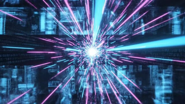 Futuristic data technology cityscape with blue and pink light beams, cloud data synchronization, network energy, digital explosion, glowing innovation, and abstract high speed binary code concepts