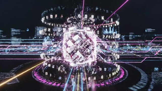 Futuristic digital data synchronization with glowing neon cube, floating numbers, cloud technology, cyber connectivity, abstract cityscape, virtual network, high tech vibrant colors, energy