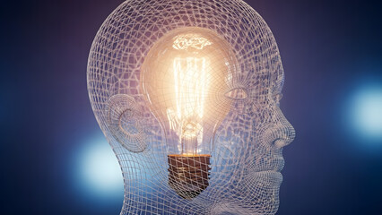 Wireframe digital human head profile view containing glowing vintage light bulb symbolizing artificial intelligence innovative thinking creativity knowledge and bright ideas in technology