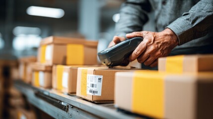 Worker scanning barcode on package on conveyor belt