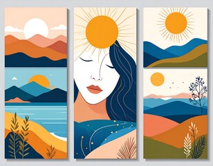 A serene triptych of a woman's face surrounded by sun, mountains, and nature