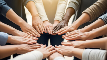 Overhead view of diverse people's hands stacked in center forming unity symbol, showing various skin colors, teamwork, friendship, community, support, belonging, close up shot.