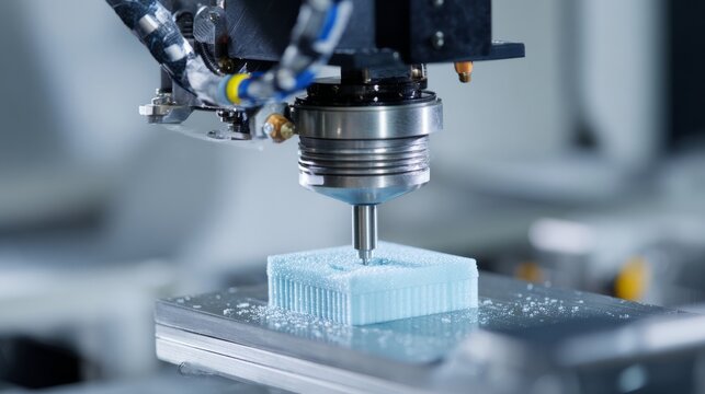 Cnc machine milling light blue material in workshop