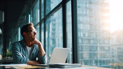 Entrepreneur man thinking looking at city from office window