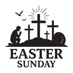 Easter Sunday celebration with crosses and silhouette of a praying person
