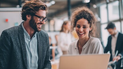 Business colleagues collaborating and smiling while working on laptop