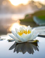 A serene white water lily blooms on a pond at sunrise