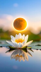 A serene white flower floats on water with a bright sun in the background