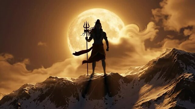 Dramatic golden silhouette of lord shiva holding a trident on a snowy peak, honoring shivaratri under a glowing moon.