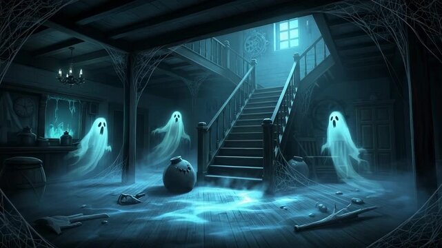 Eerie haunted mansion with glowing ghosts and cobwebs, spooky halloween atmosphere