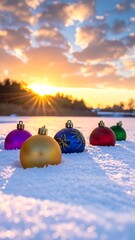 A serene winter scene with Christmas ornaments on snow
