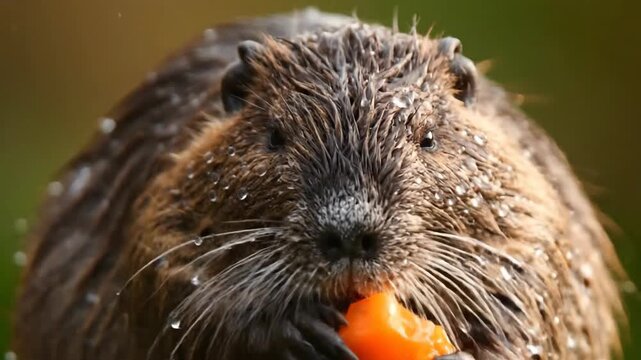 A Nutria enjoys a vibrant, orange treat with water droplets on its fur.