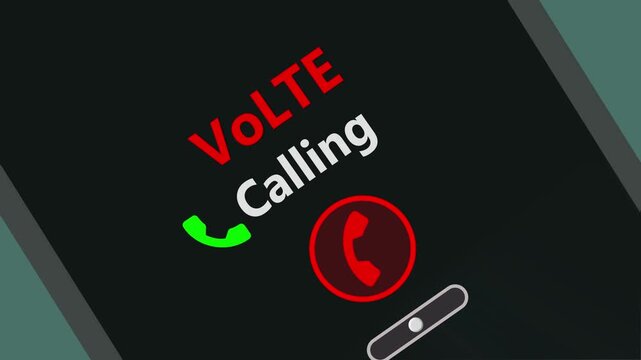VoLTE incoming call screen animation with answer and decline buttons, mobile voice over LTE communication interface on dark tilted smartphone background