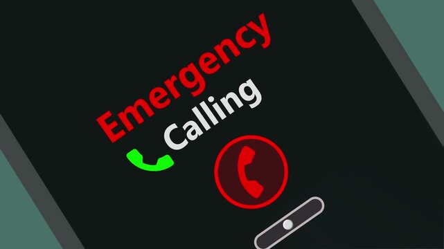 Emergency incoming call alert animation with answer and decline controls, urgent mobile phone notification interface on dark tilted smartphone background