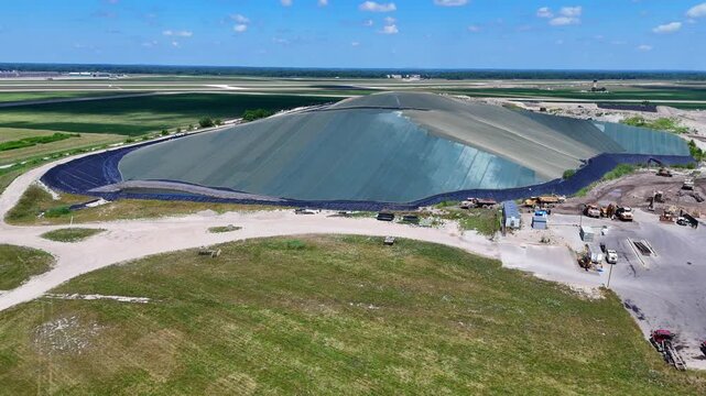 Industrial containment and waste retention zones at Wayne Disposal landfill in drone video