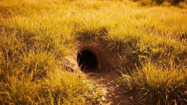A Dark Hole Peers From Ground In Tall Grass, perhaps an animal's lair.
