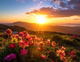 Obraz premium Vibrant Wildflowers at Sunset Over Rolling Mountainscape