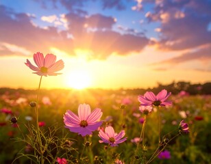 Obraz premium Beautiful Cosmos Flowers Under Bright Sunset Sky in Nature Field