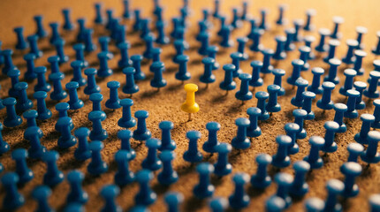 Fototapeta premium Yellow push pin standing out among blue pins on cork board, concept of priority and focus
