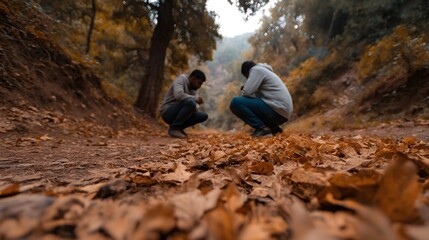 Two friends crouching on an autumn forest path covered in fallen leaves