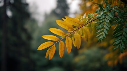 A branch with vibrant yellow and green leaves in a moody autumn forest