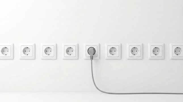 Connected plug standing out in a row of empty white electrical sockets, energy consumption concept