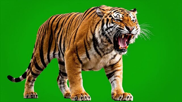 A majestic tiger in mid-roar stands fiercely in a wildlife sanctuary, captured from a low angle. against a green screen background animal green screen video