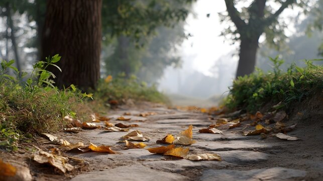 A serene autumn pathway covered in fallen leaves bathed in soft morning mist - Powered by Adobe