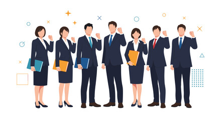 Fototapeta premium Group of diverse business professionals in formal suits standing together with fists raised in a triumphant celebration.