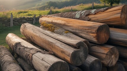 Stack of rustic wooden logs in serene countryside landscape