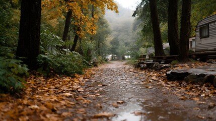 Obraz premium A wet autumn forest path lined with fallen leaves leads towards a rustic campsite with caravans on a damp overcast day