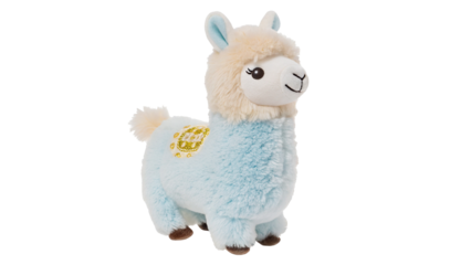 Cuddly light blue llama plush toy with golden heart