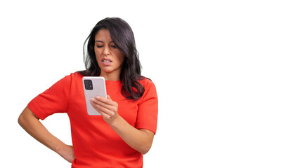 Woman reacting to bad news on phone, transparent background